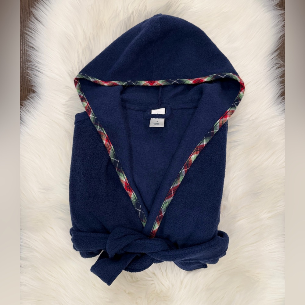 GAP Kids Navy Blue Hooded Robe with Red & Green Plaid Trim